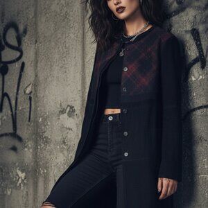 Free People Black Leather Jacket Size Large Suede Buffalo Plaid Grunge Dark Acad